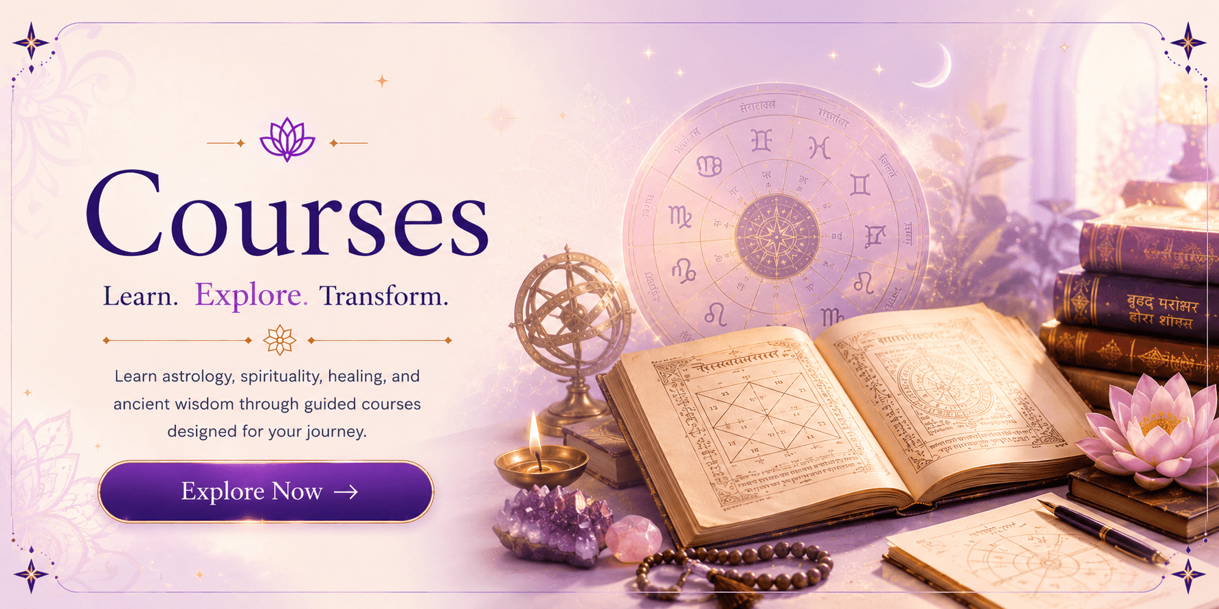 Courses — Learn. Explore. Transform. Learn astrology, spirituality, healing, and ancient wisdom through guided courses designed for your journey. Explore Now.